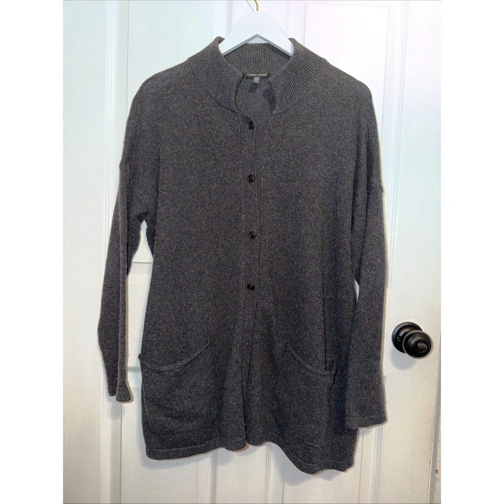 Eileen Fisher Women's Organic Cotton Cashmere Button Cardigan Gray XS Boxy‎